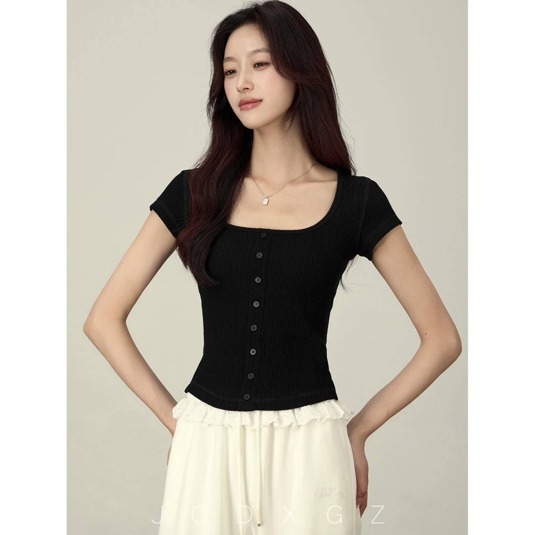 【李李】小个子u领针织短袖显瘦正肩夏日漂亮小上衣财阀千金女装