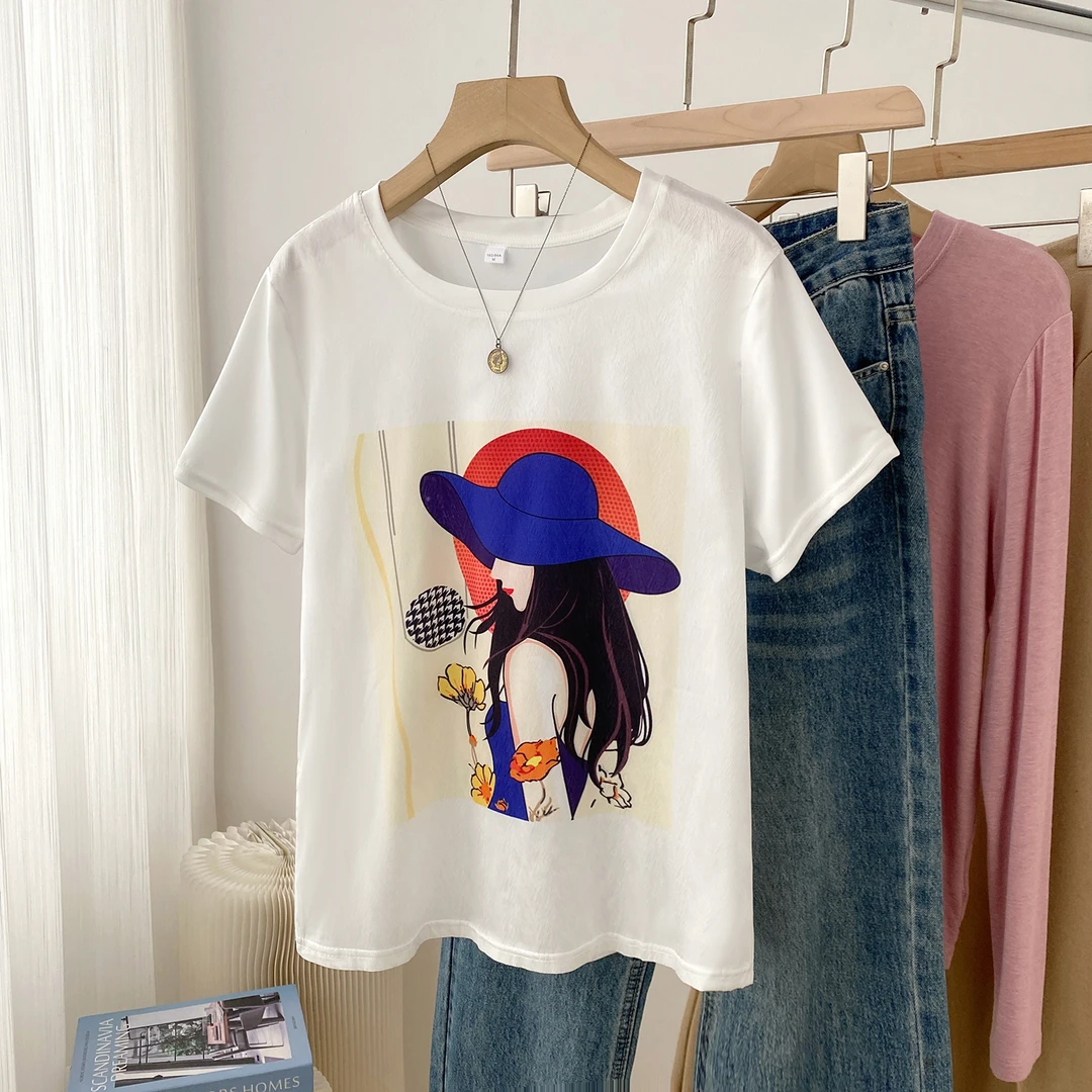 1236夏季丝滑缎面冰凉感百搭时尚印花休闲女T恤洋气AB拼接短袖