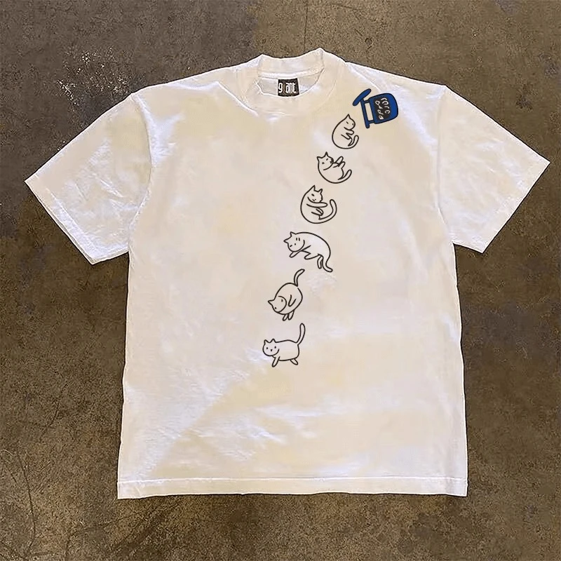 潮流卡通猫咪印花t恤短袖男生夏季2025新款圆领宽松休闲纯棉上衣