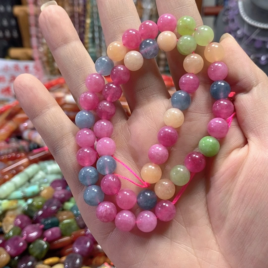 足银镀金镶嵌玛瑙/玉髓珠宝半成品碧玺圆珠一条卡8mm