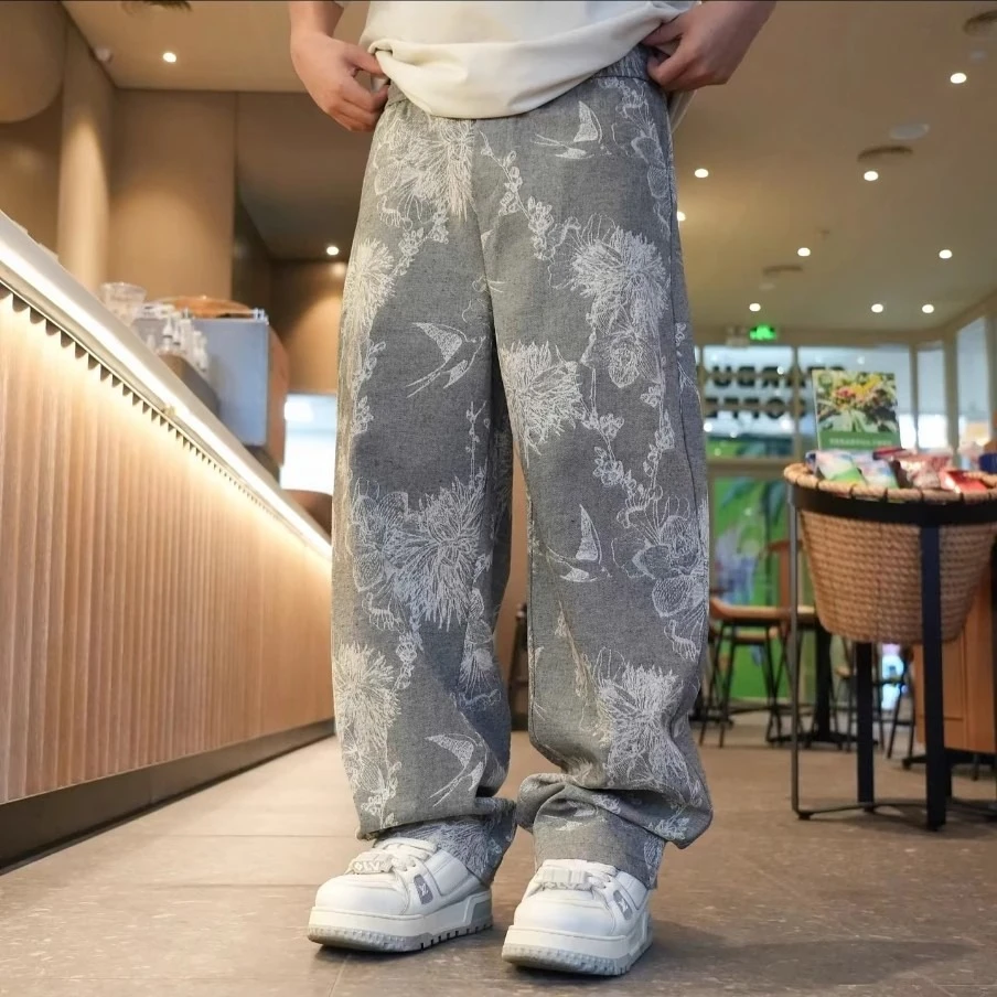 春季新国风提花休闲裤男阔腿裤时尚百搭直筒裤潮流宽松休闲拖地裤