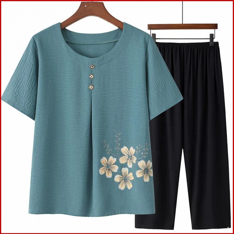 老年人夏天奶奶短袖T恤套装夏装妈妈装衣服太太弹力上衣九分裤子