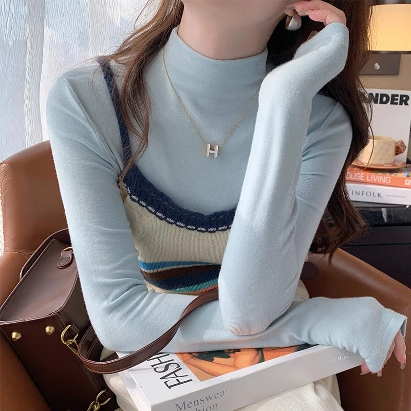 蓝色半高领打底衫女装内搭2025春秋新款外穿中领莫代尔T恤小上衣