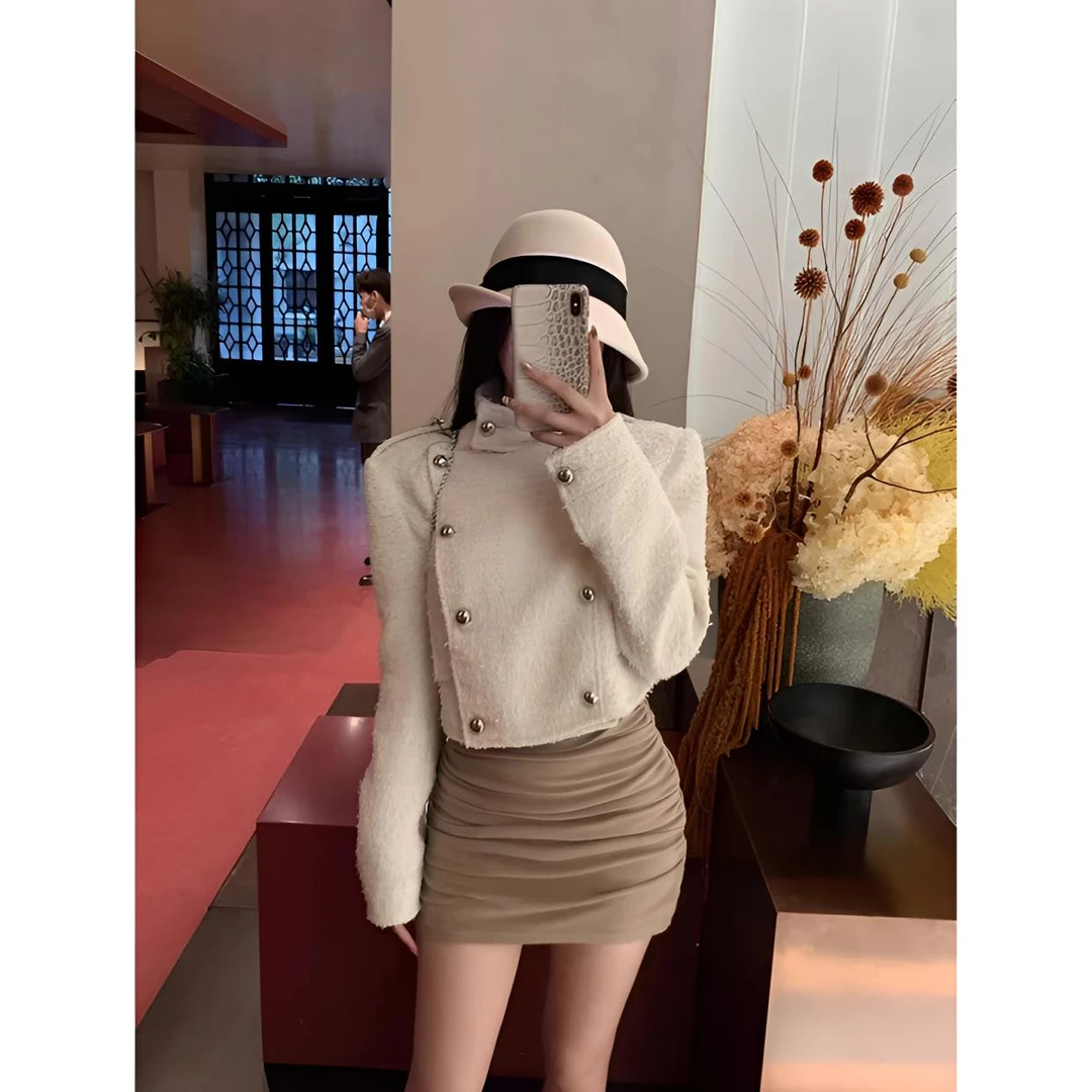 睿夕【伦敦启示录】韩感编织翻领小香风显瘦短款夹克外套女