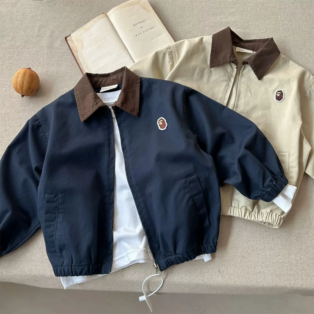 男童日系夹克外套春秋季2025新款儿童男孩帅气翻领撞色时髦上衣潮