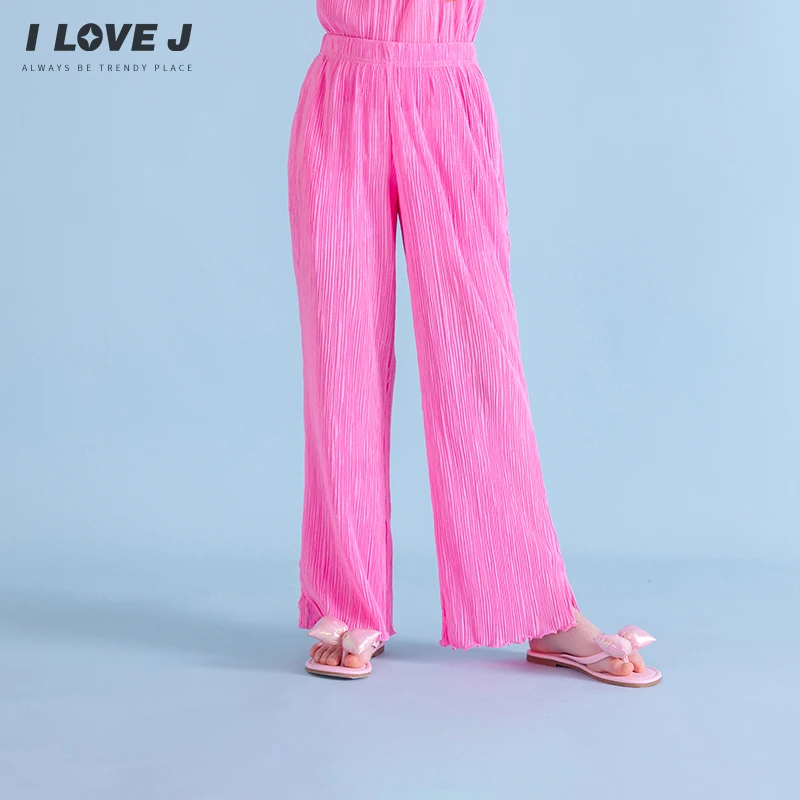 ILOVEJ童装2025夏季新款女童粉色褶皱弹力喇叭休闲裤透气/JXUPT05