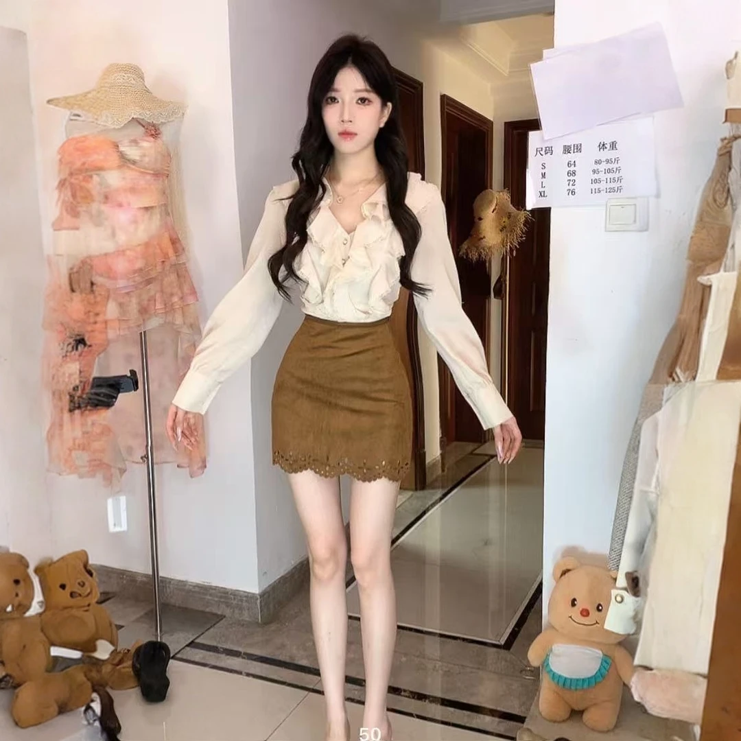 春季时尚套装短裙半身裙高腰蕾丝显瘦褶皱紧身短裙