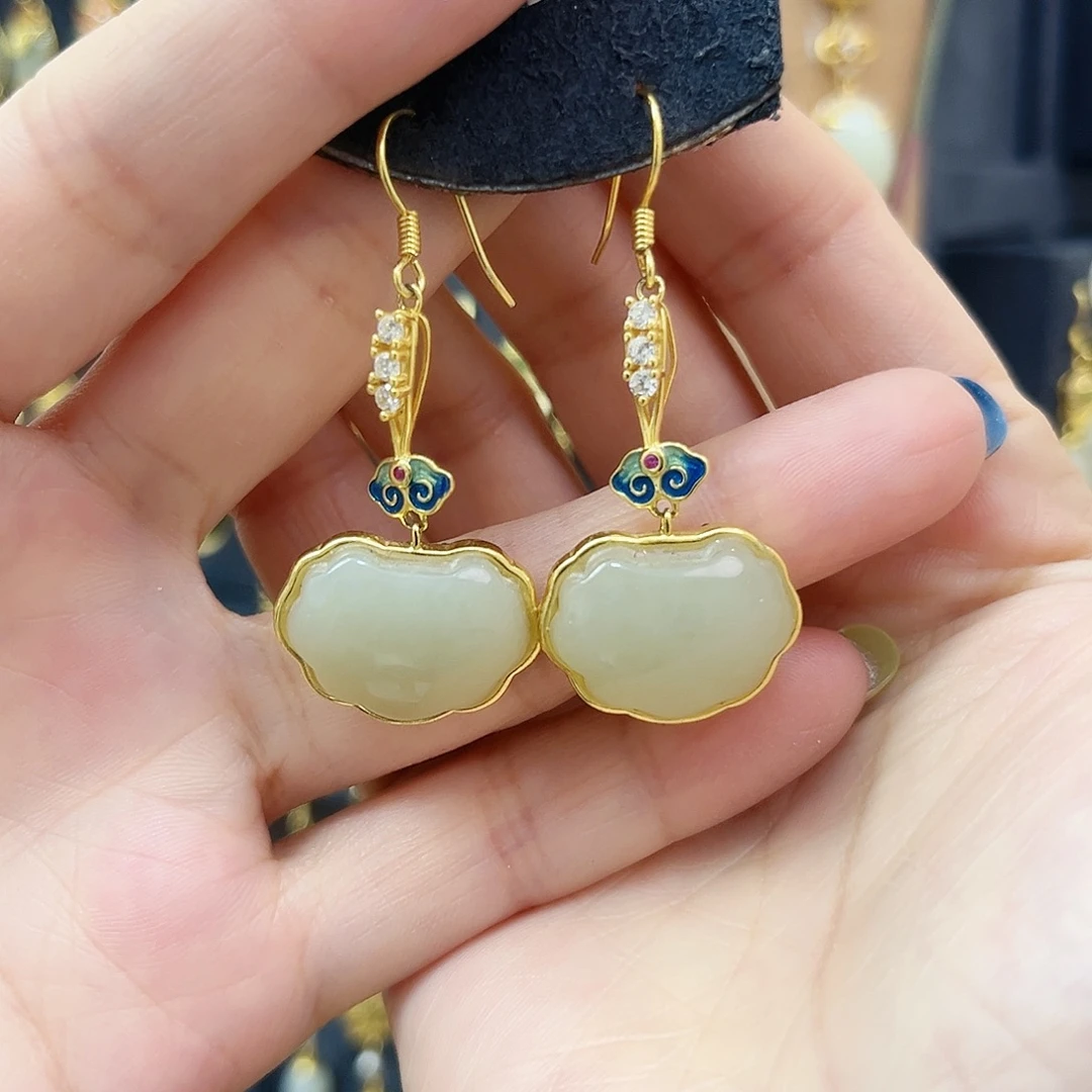 和田玉银S925镀金镶嵌耳饰