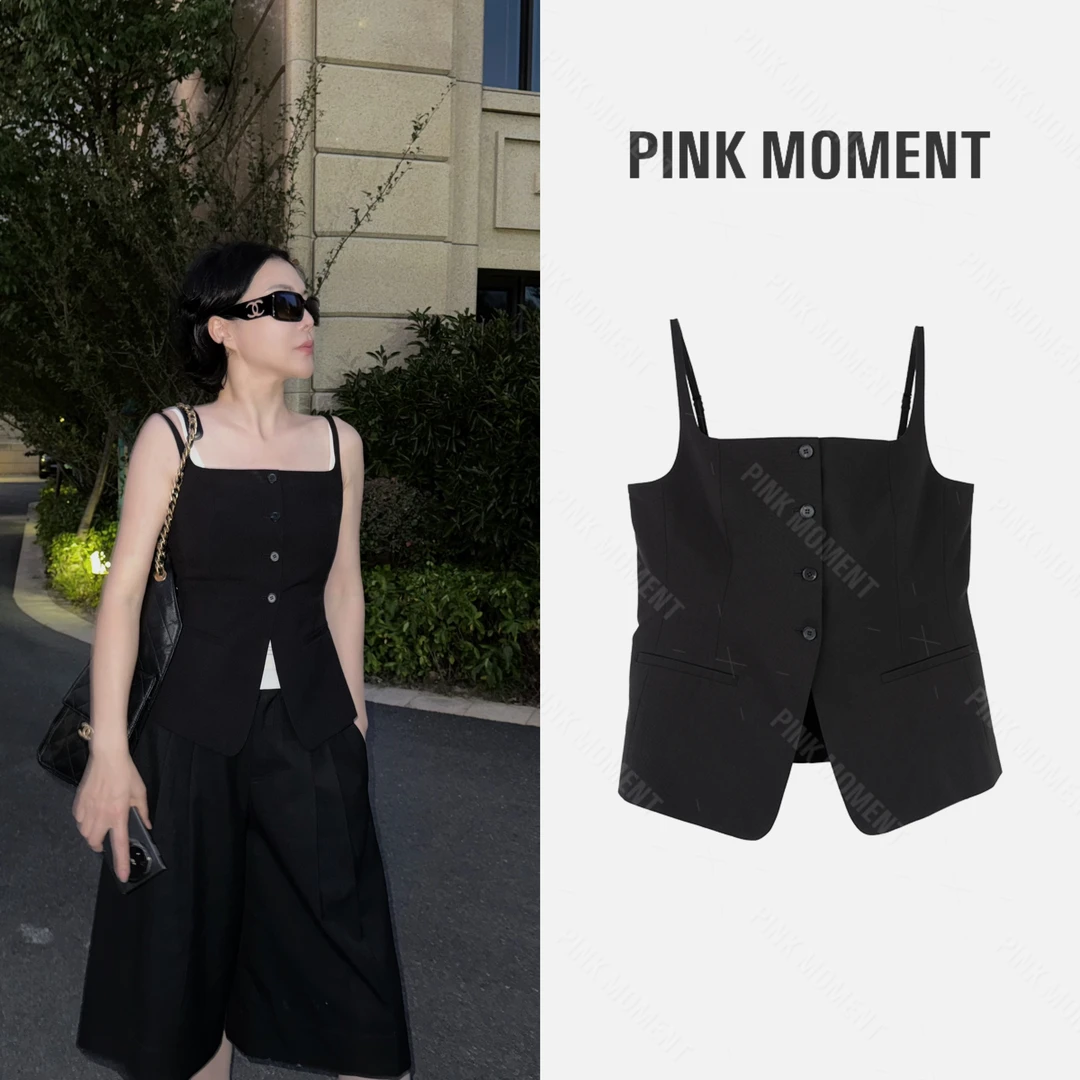 PM王囡囡 黑色收腰A字摆排扣肩带可调节背心（无胸垫） ND1C1275