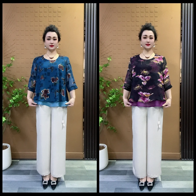 宽松型短款休闲风花朵薄款夏季衬衫宽松中老年时尚印花裤子阔腿裤