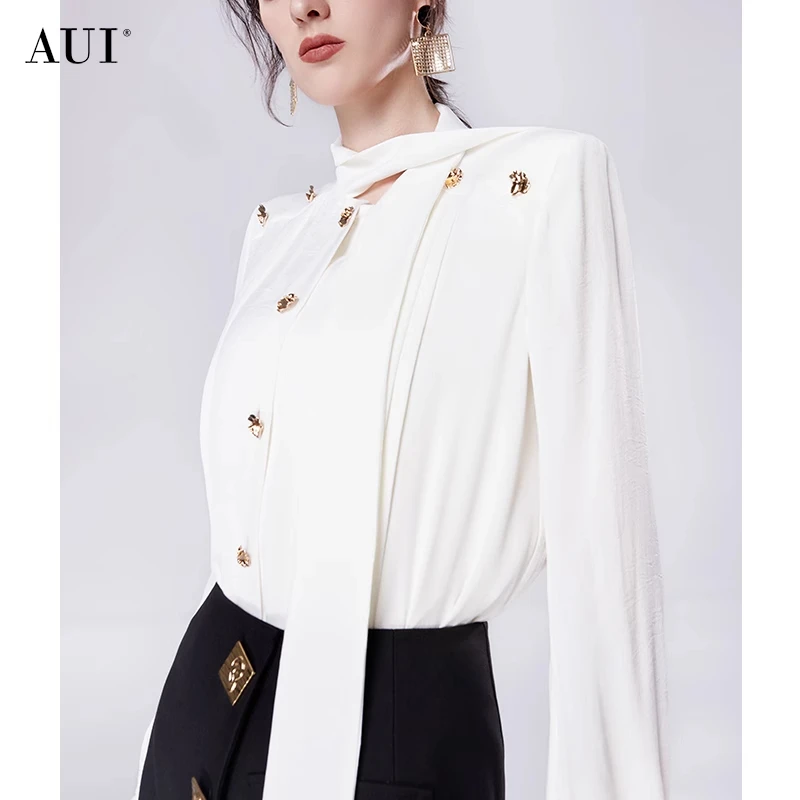 《李易行》AUI米白色设计感别致衬衫气质修身衬衣-25W057745