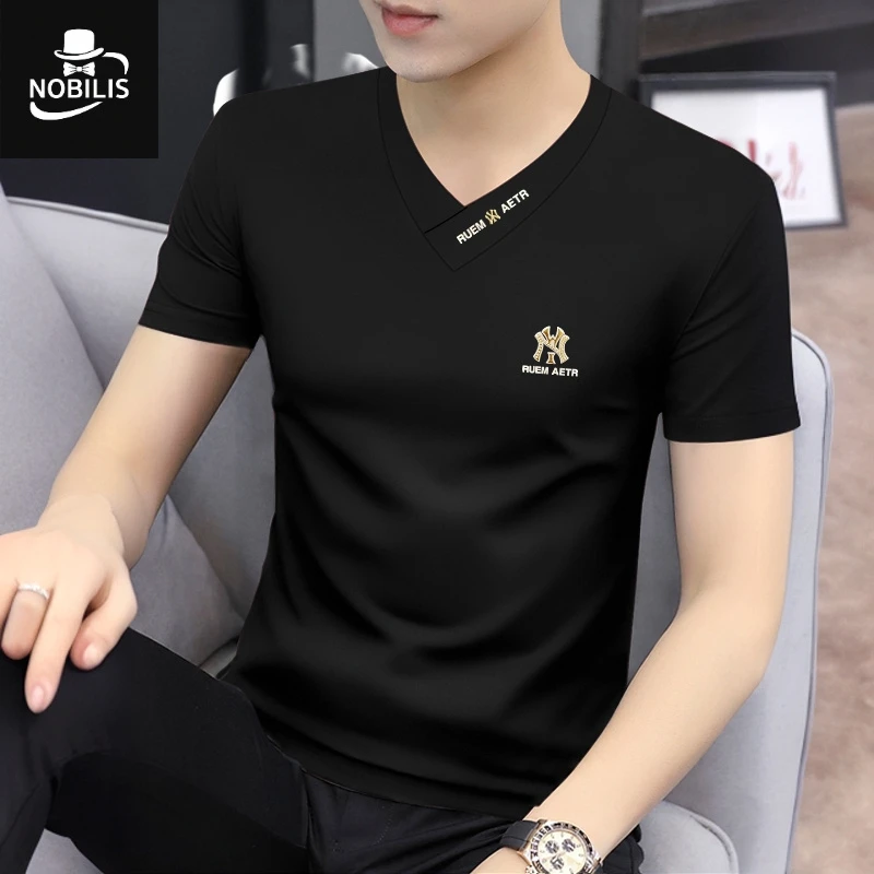 莫代尔男士短袖t恤v领夏季新款烫金字母冰丝凉感男款半袖