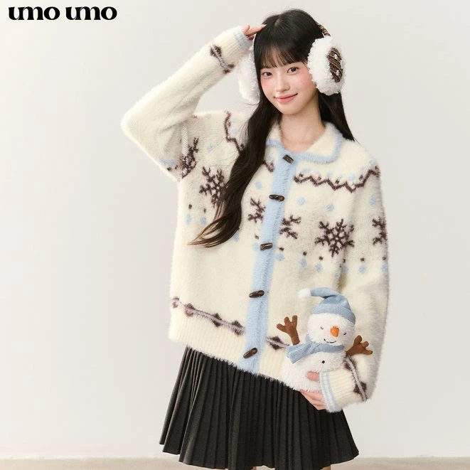 【达播专属】慵懒撞色仿貂毛费尔岛雪花图案开衫毛衣UMOMY13687