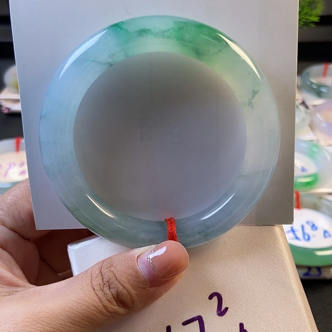 翡翠未镶嵌手镯15冰绿花圆条