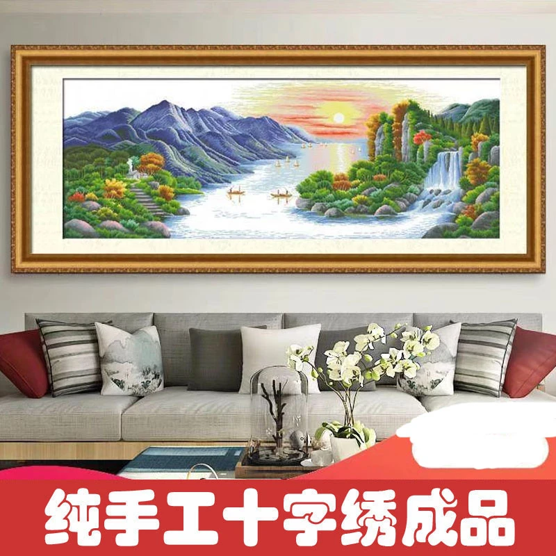 绣好的纯手工十字绣成品江山如画旭日东升风景客厅挂画不带框F236