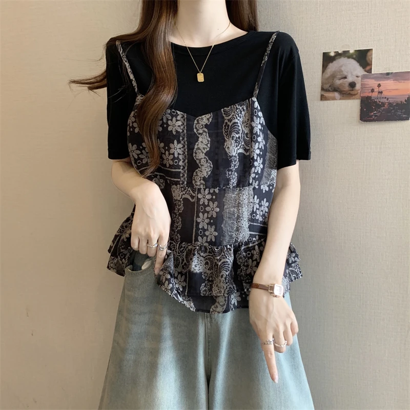 大码夏季新款遮肚子假两件拼接短袖T恤女MM宽松显瘦百搭洋气上衣