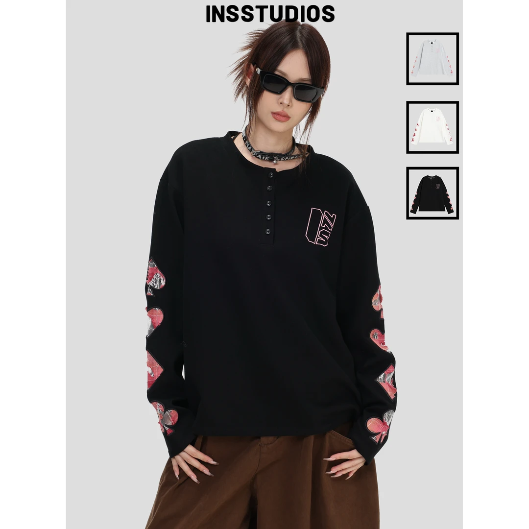 INSstudios国潮美式「烧花蕾丝拼接」长袖宽松休闲半纽扣上衣T恤
