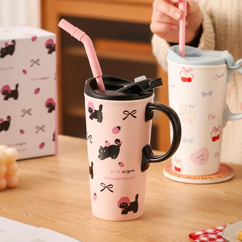 大容量猫咪马克杯带吸管陶瓷杯子带盖闺蜜高颜值实用生日礼物水杯