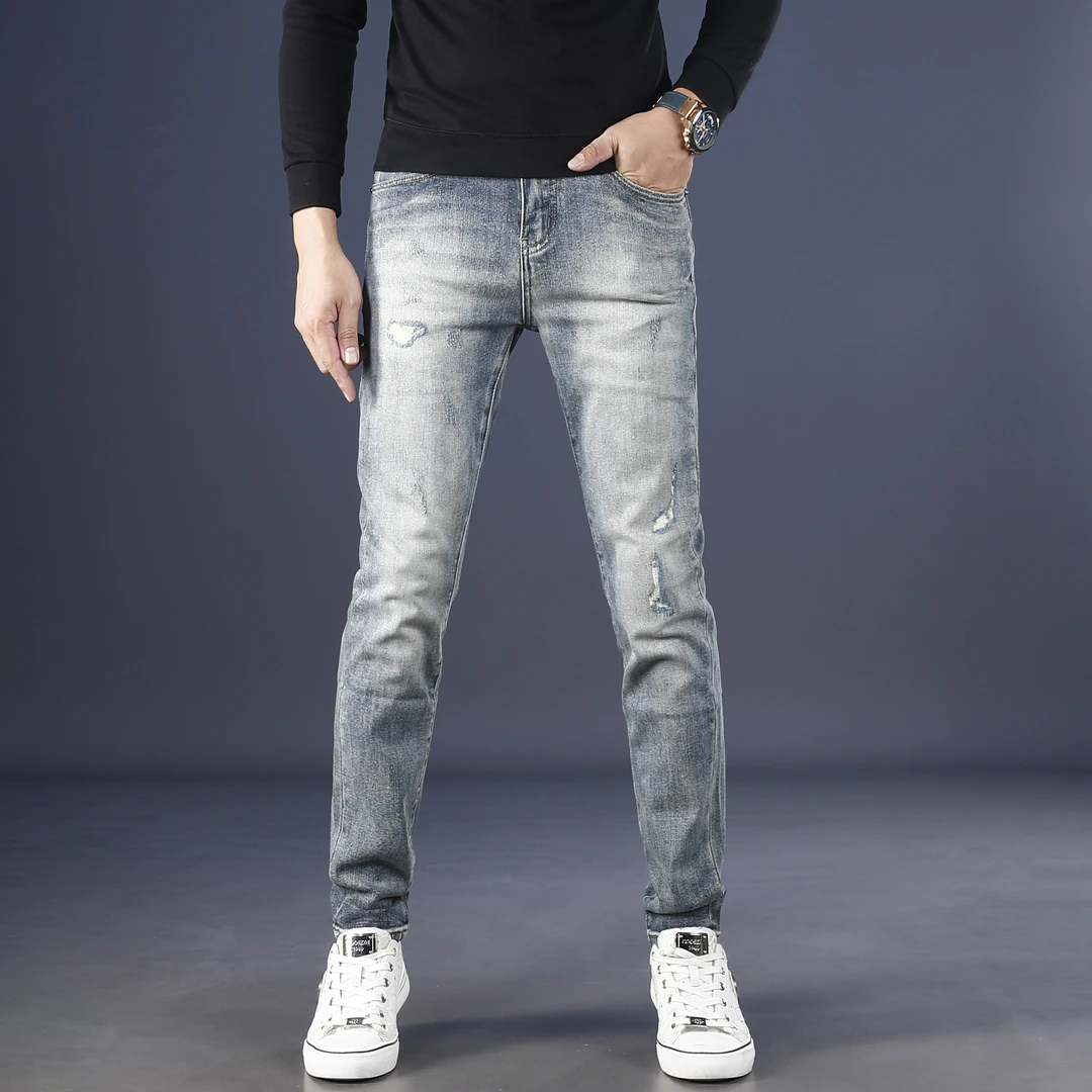 复古做旧牛仔裤男款爆款2025新款秋冬款修身小脚潮牌破洞弹力裤子