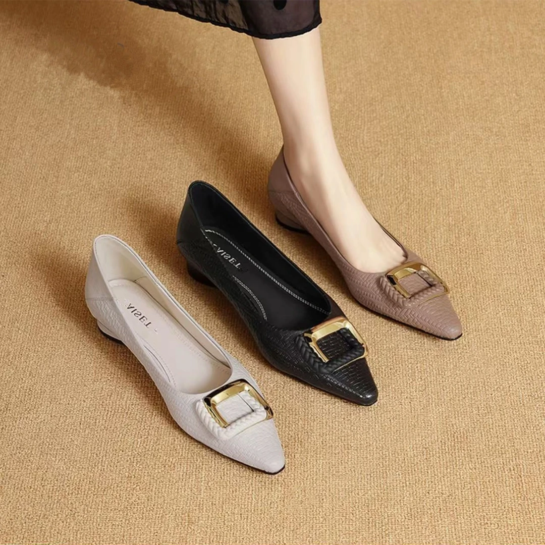 软皮方扣尖头气质玛丽珍鞋女编织压花时尚百搭舒适浅口低跟单鞋子