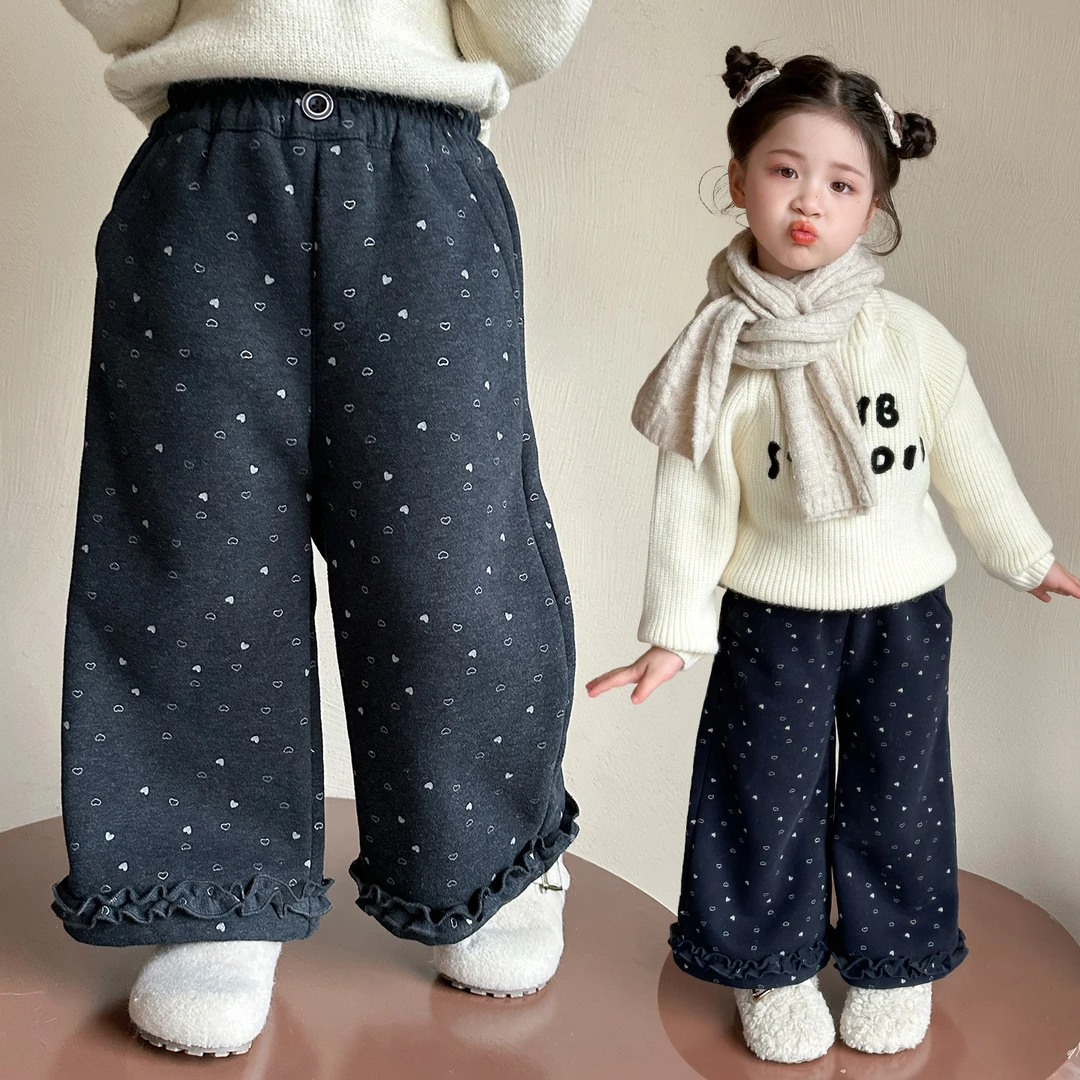 女童冬装洋气阔腿裤2025新款儿童时尚花边爱心加绒裤女宝宝休闲裤