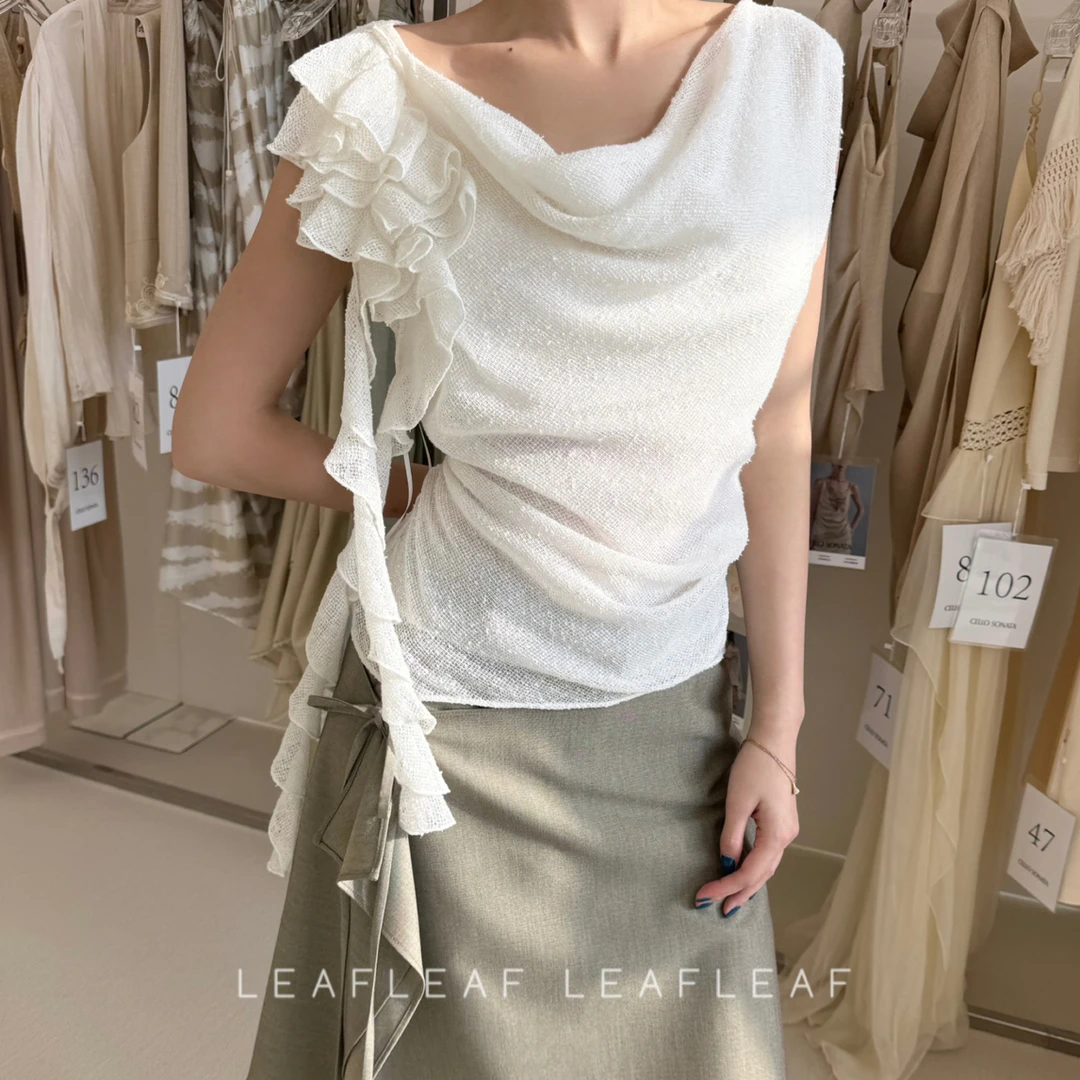 CELLO SONATA 斜肩荷叶边无袖上衣 LEAFLEAF设计师品牌百搭