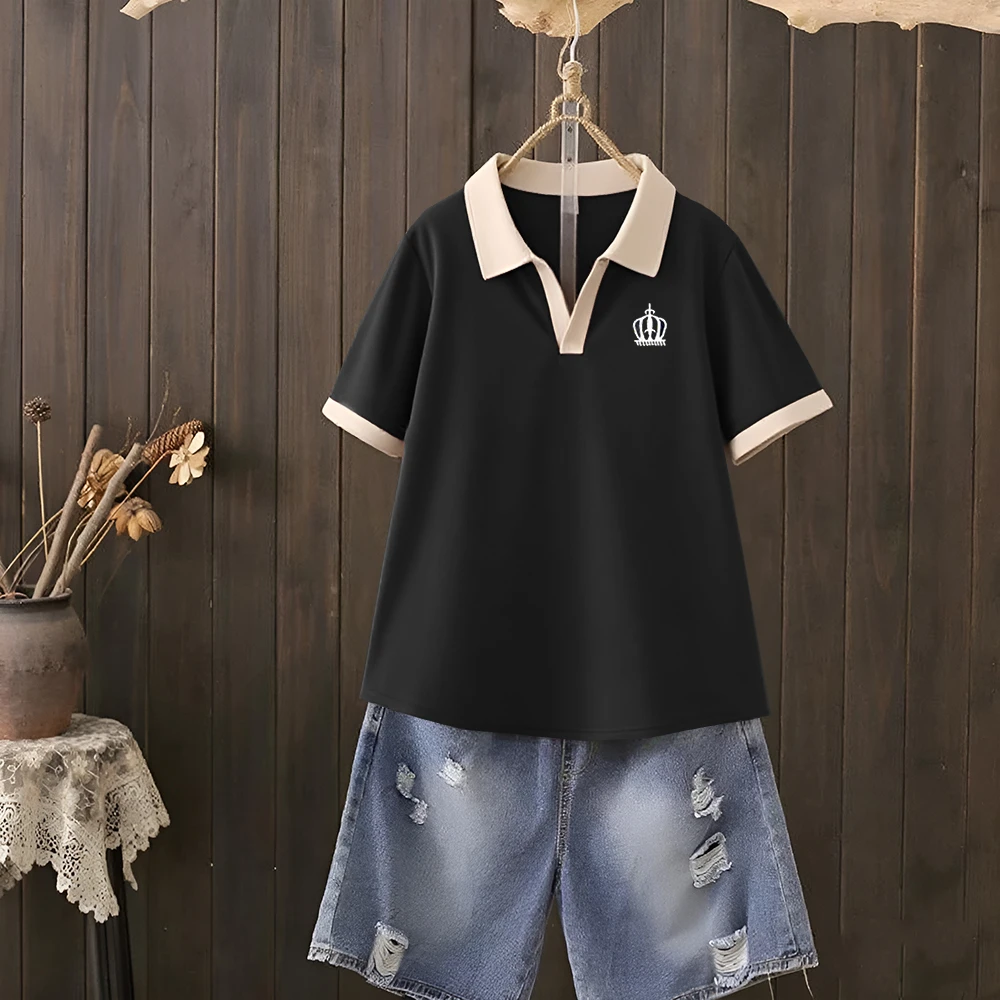 新款夏季小众显瘦短袖女士设计感翻领POLO衫百搭洋气体恤纯棉上衣