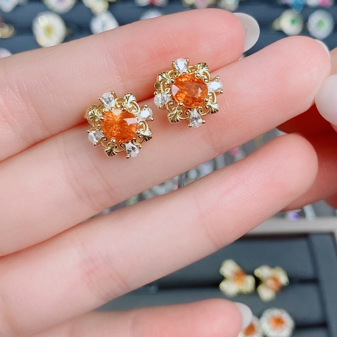 银S925镶嵌石榴石（芬达石）耳饰