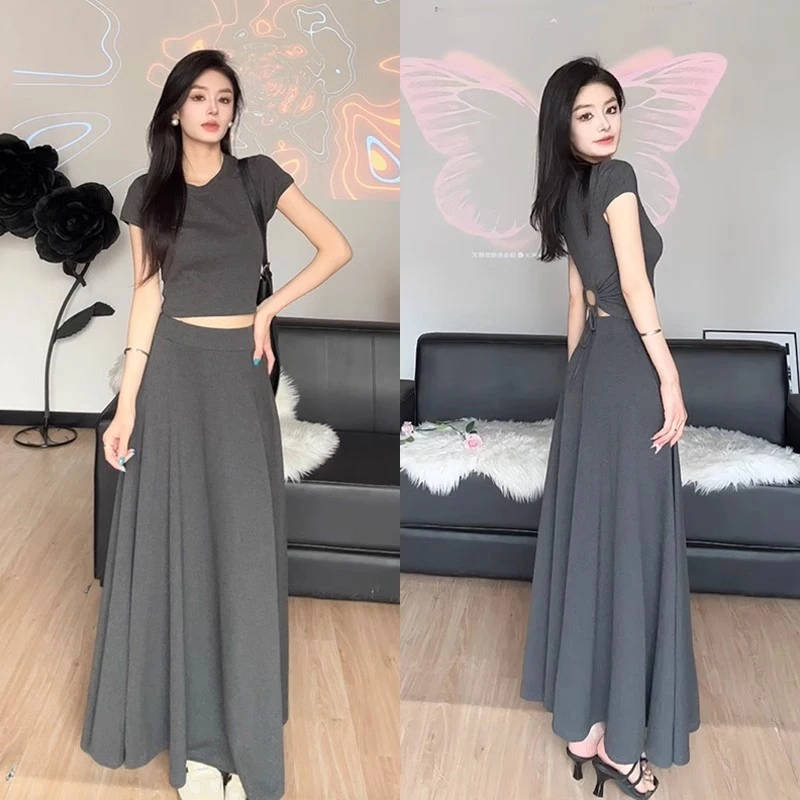 灰色法式连衣裙子女装2025夏季新款夏装搭配一整套装T恤半身长裙