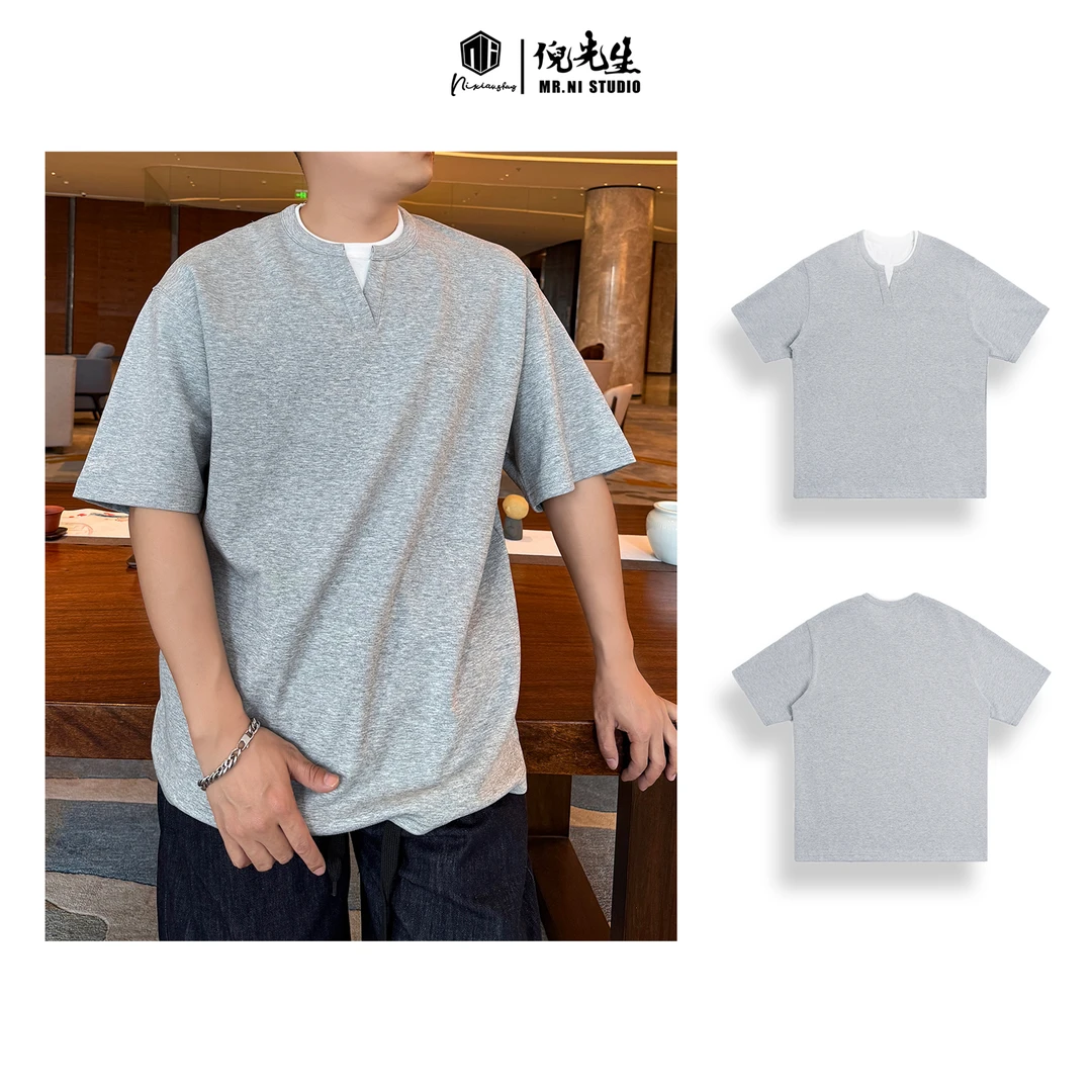 MR.NI/倪先生「老钱亨利」复古万能刚需经典亨利领假两件短袖T恤