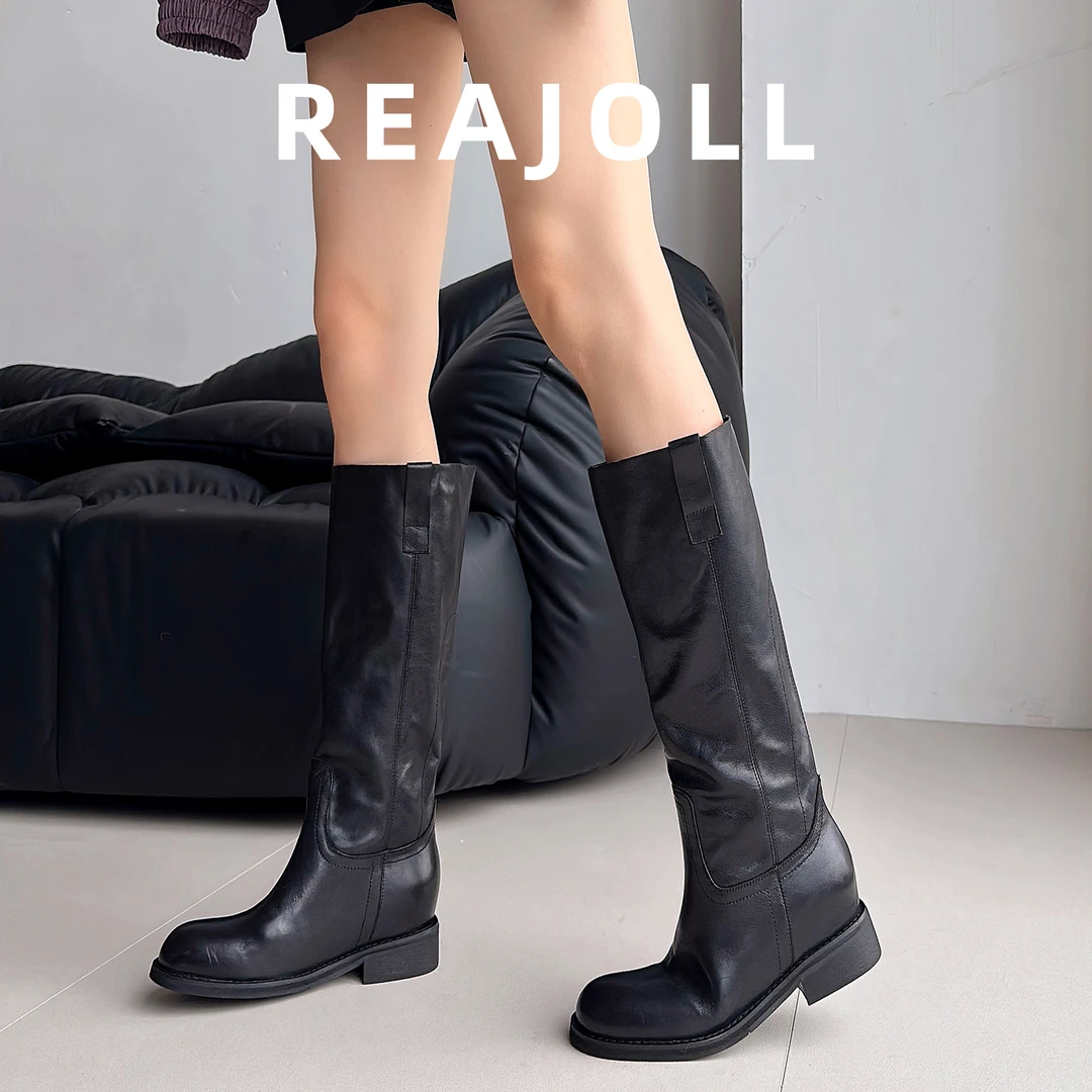 法式头层牛皮长筒靴子女2025秋冬新款圆头低跟不过膝网红高筒长靴