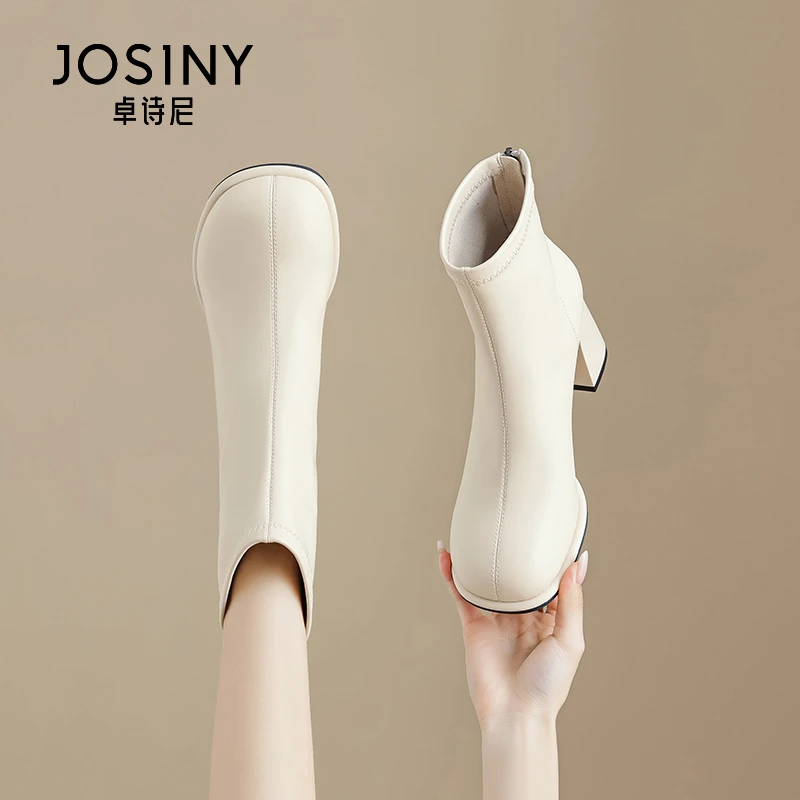 卓诗尼靴子短靴女粗跟2024年秋冬新款瘦瘦靴法式马丁靴加绒时装靴