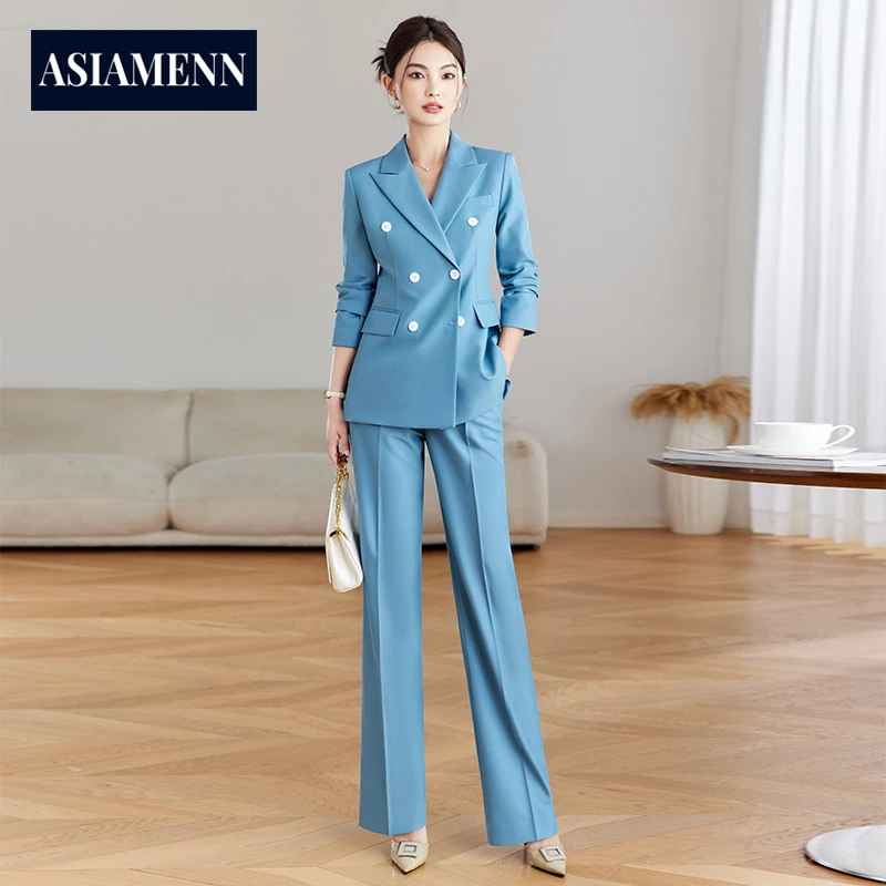 高级感孔雀蓝西装套装女士秋冬季职场通勤高档西服主持人职业正装