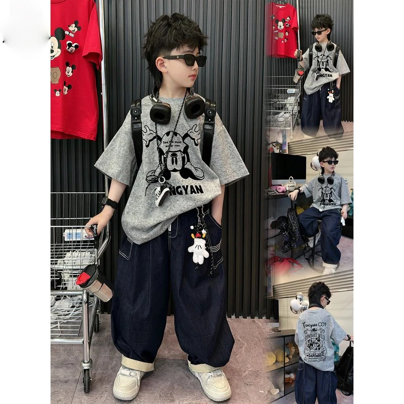 【 聚焦】夏款时尚街头帅气时尚男童纯棉宽松短袖花灰色卡通印花潮