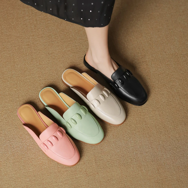 里外纯皮~2cm头层羊皮春夏新款仙女粉粗跟半拖鞋女真皮透气包头拖