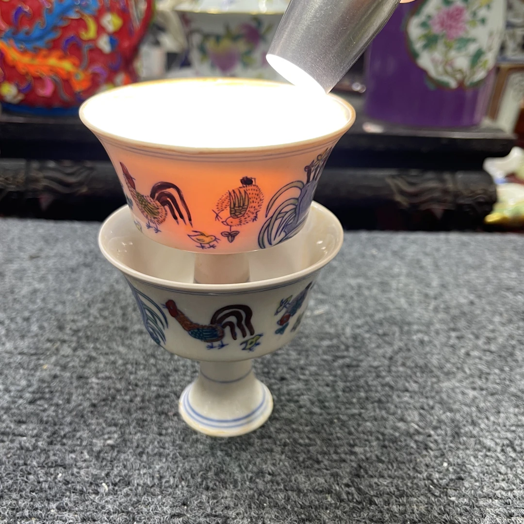 红胎斗彩姹紫鸡缸高足杯口杯主人杯