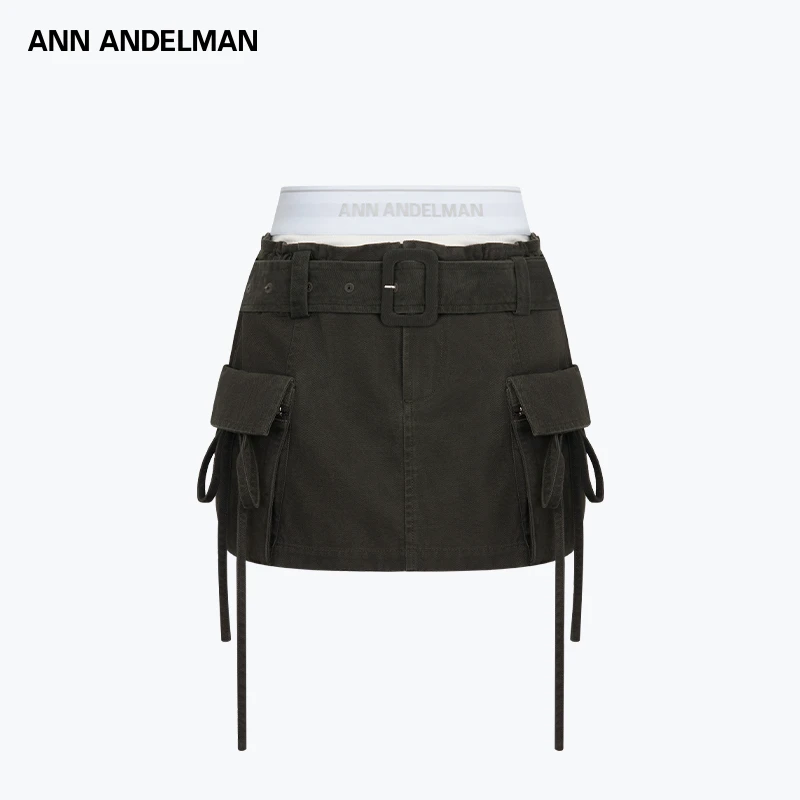 ANN ANDELMAN 纯色设计感直筒拼接腰头洗水工装短裙半身裙