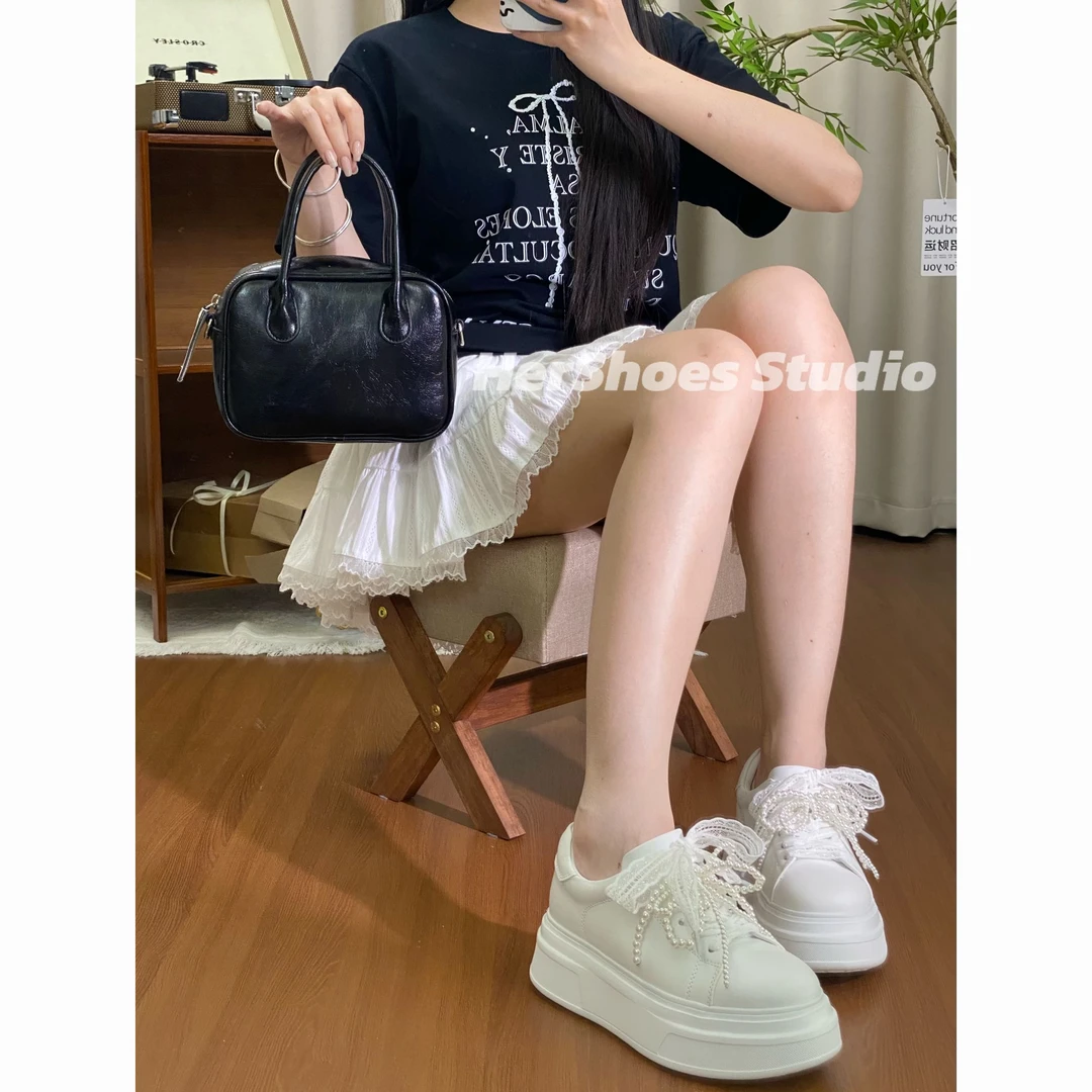 6cm芭蕾风小个子厚底增高小白鞋女珍珠鞋带新款百搭运动休闲板鞋