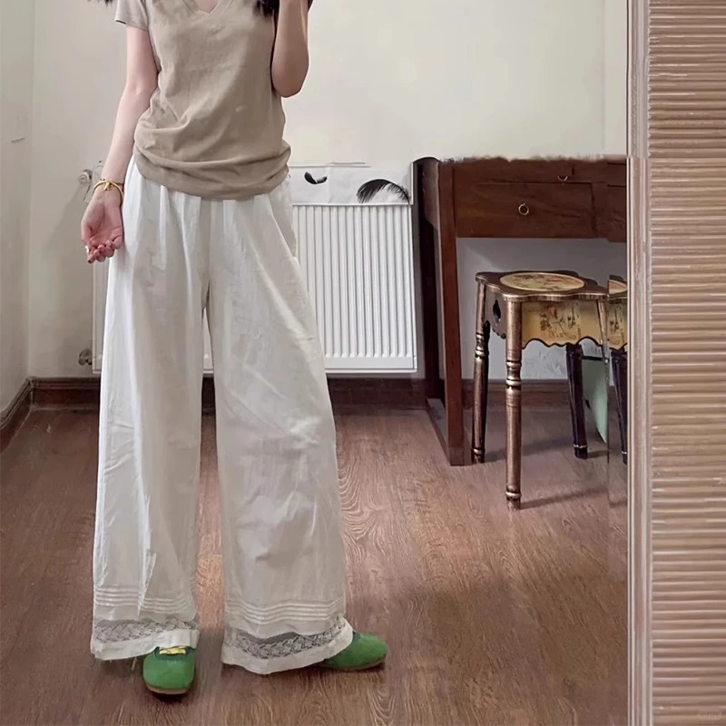 宅女同款蕾丝花边叠穿阔腿裤休闲公主裤白色棉麻长裤女