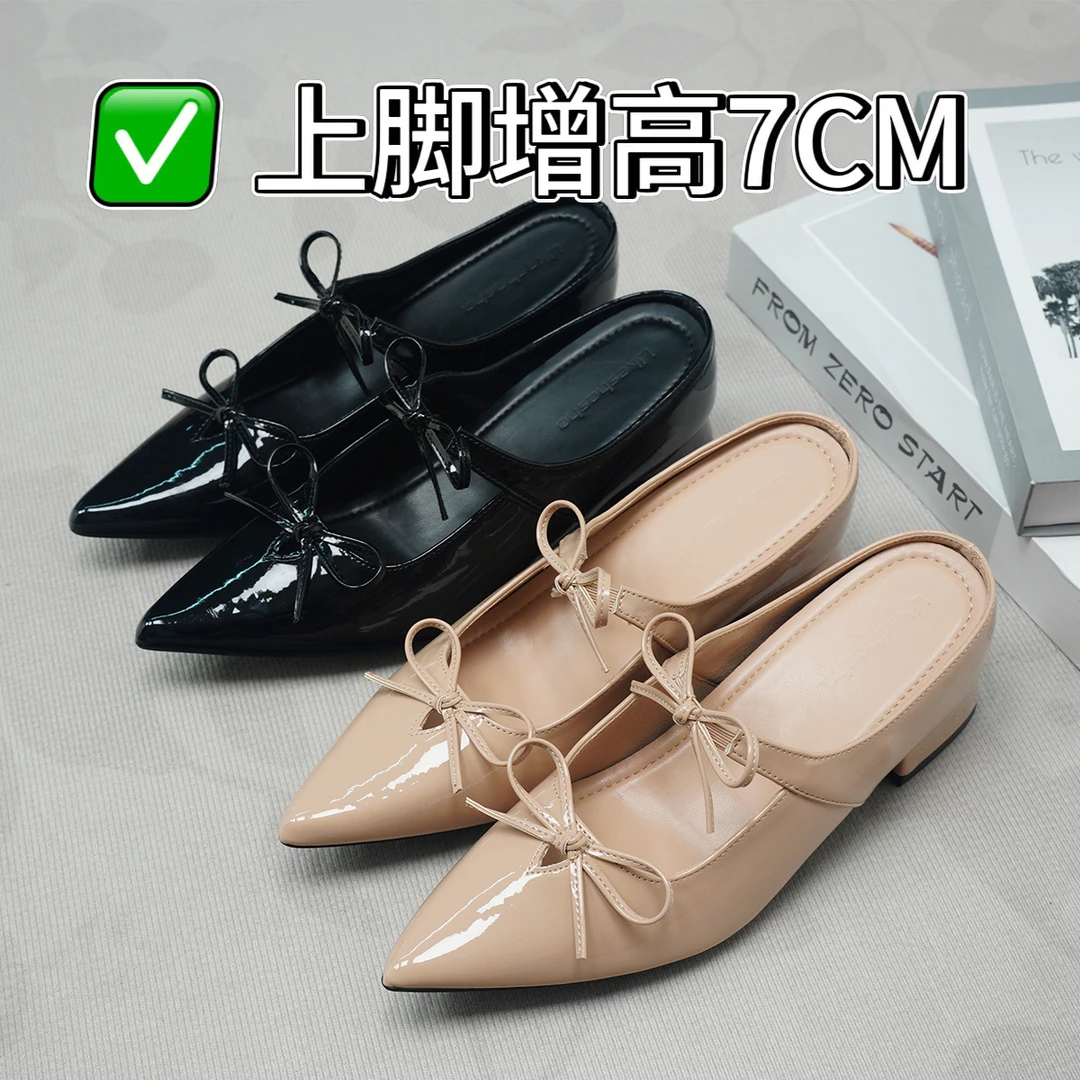 内增高跟鞋7cm尖头半拖欧若玛丽珍女鞋浅口仙女风蝴蝶结时尚单鞋