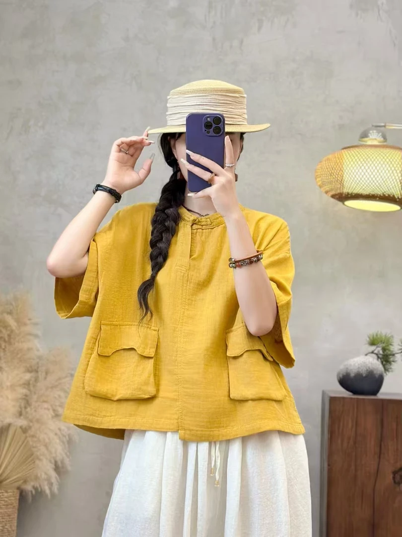 C3198夏季棉纱衬衫女单排多扣斜襟衬衣宽松落肩短袖女装