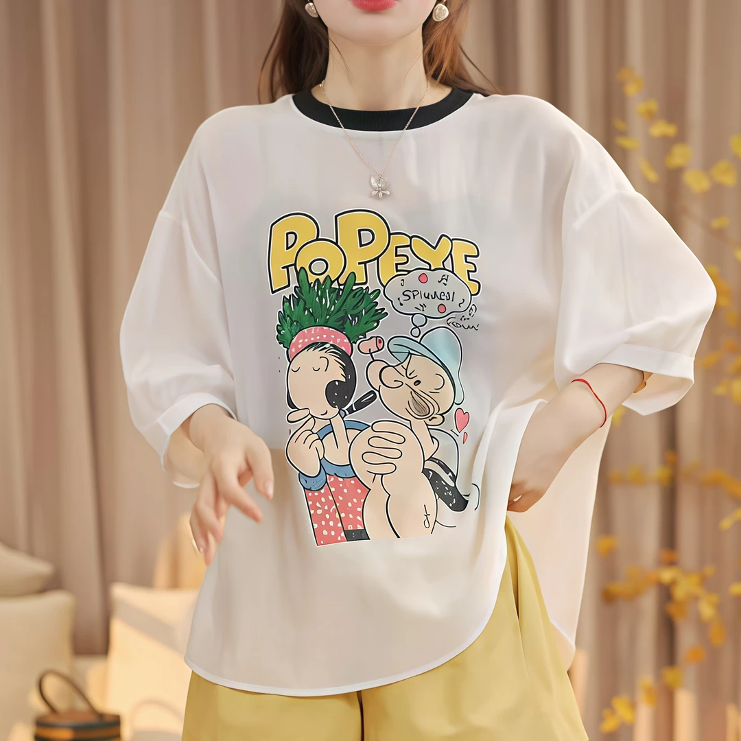 新款印花圆领短袖T恤气质减龄时尚百搭宽松显瘦上衣2025设计上衣