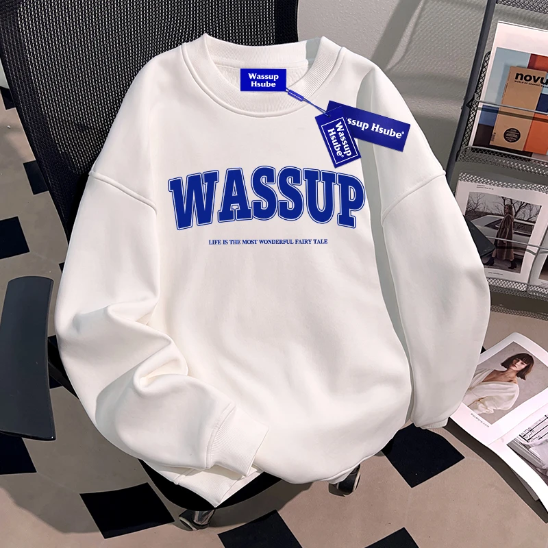 WASSUP HSUBE青少年潮牌字母印花圆领卫衣加绒美式重磅百搭男女潮
