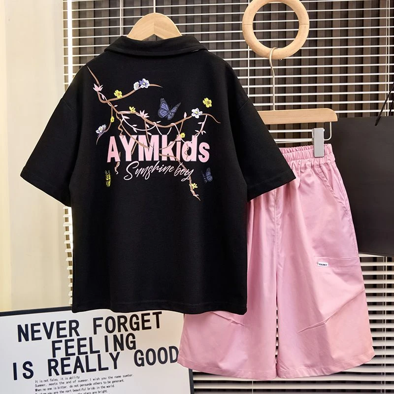 戴维贝啦男童夏装polo短袖套装2025新款中大儿童薄款夏季印花帅气