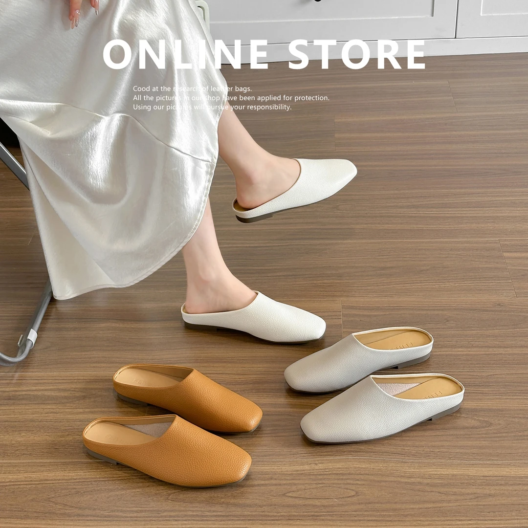 金慧彩秋冬加绒新款黏胶方头荔枝纹真皮一脚蹬穆勒鞋女鞋平底半托