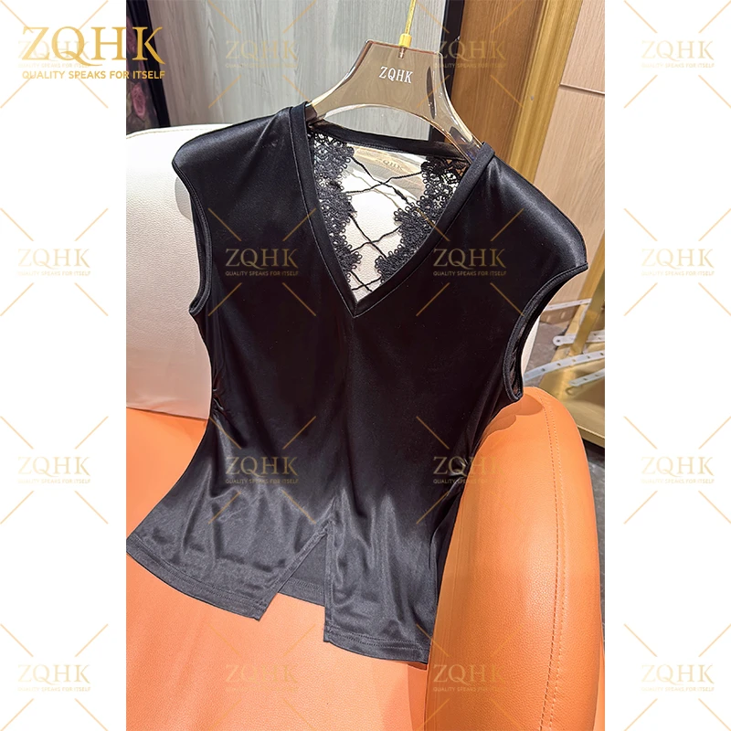 【ZQHK】子琪品牌 新款法式V领拼接后背镂空女人味醋酸设计感上衣