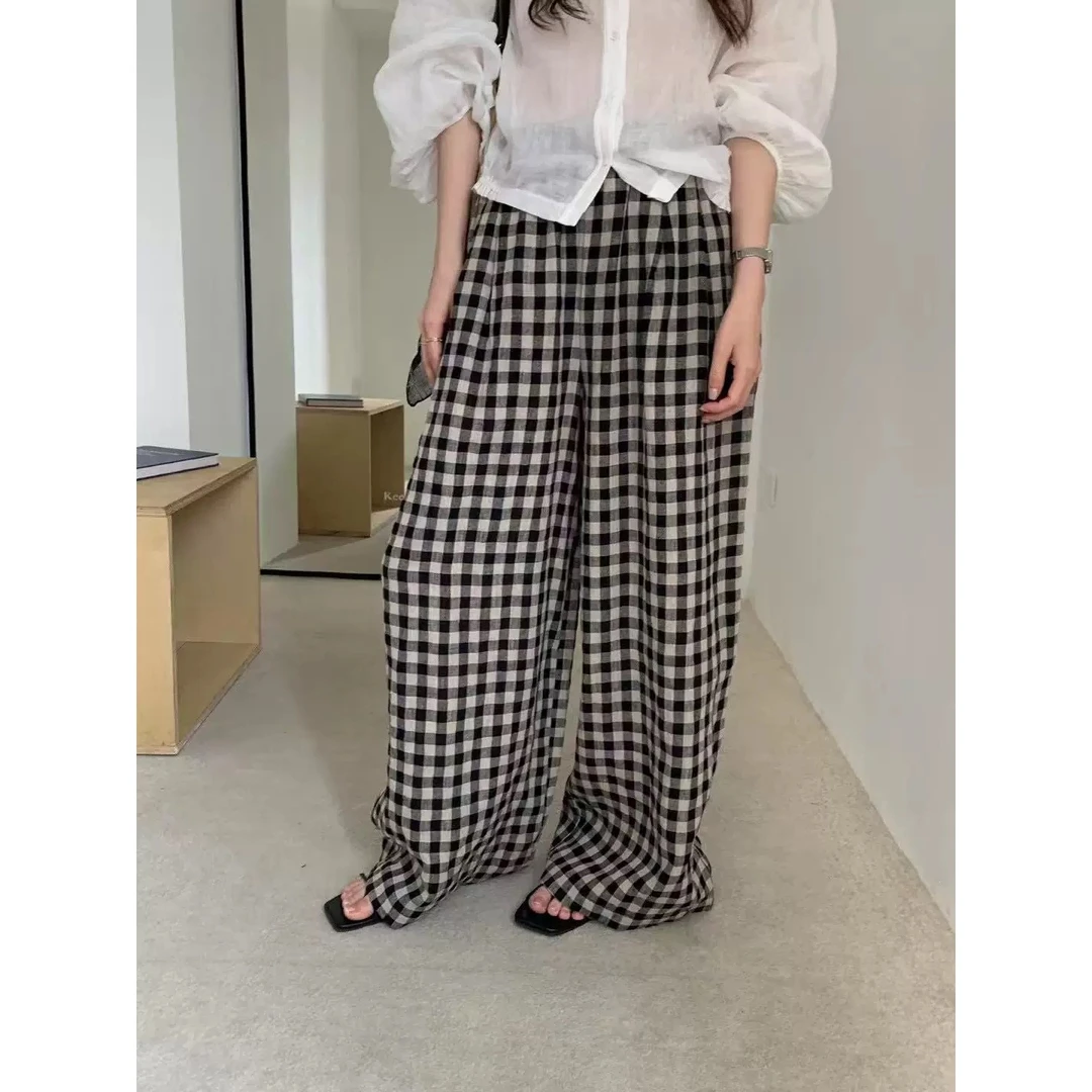 新款时尚百搭简约气质休闲格子阔腿裤G8268