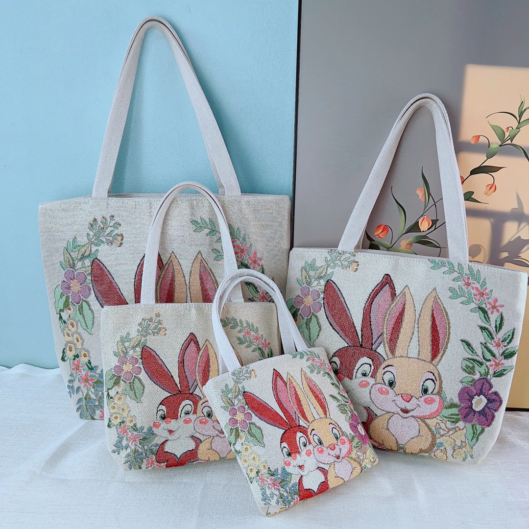 萌兔可爱帆布包女双面金丝刺绣单肩包学生补习购物袋上班通勤妈咪