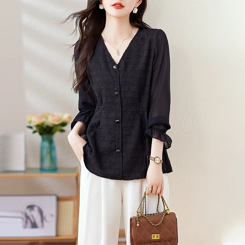 设计感法式v领衬衫女士秋夏2025新款设计感收腰显瘦洋气大码衬衣