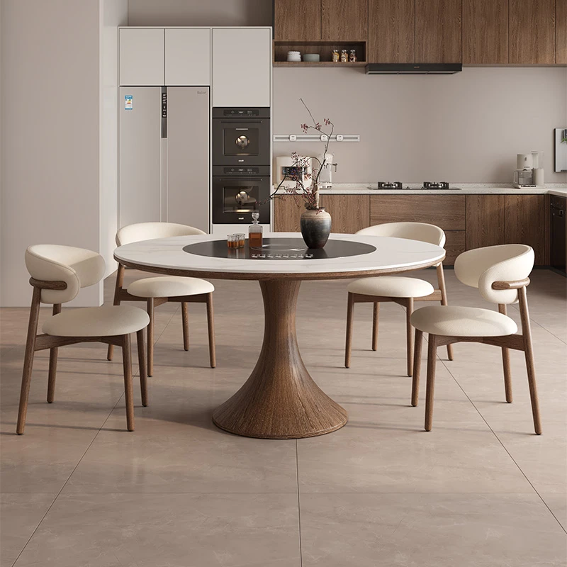 北欧岩板圆餐桌设计师中古风多功能内嵌式暖菜电磁炉一体转盘圆桌